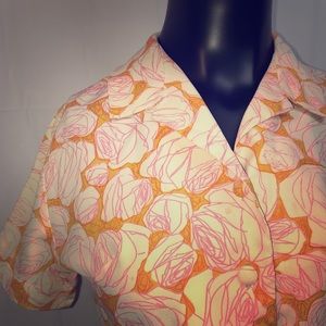 Vintage Floral Button Down Blouse Pink Orange S
